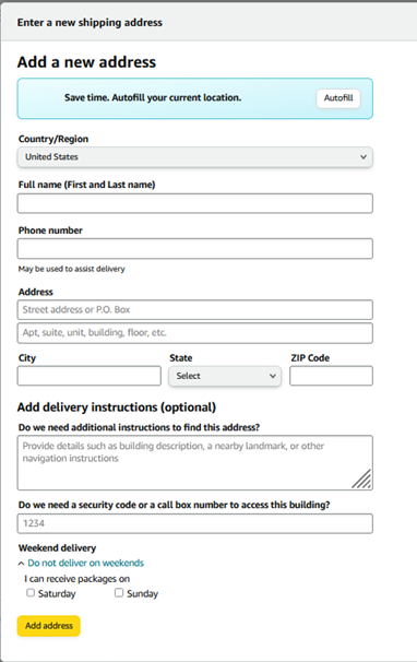 screenshot of selecting address in Amazon Business account